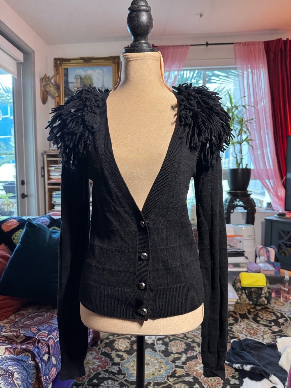 RACHEL Rachel Roy Black Fringe Shoulder Statement Cardigan S